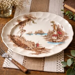 Vintage Johnson Brothers “The Old Mill” Oval Platter • Cottagecore Transferware